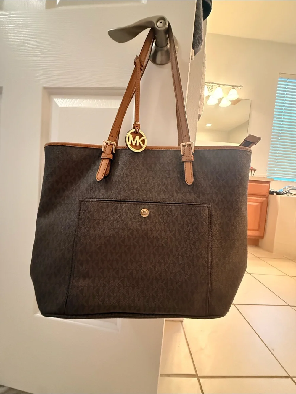 Michael Kors Dark Brown MK Signature Tote with Tan Straps